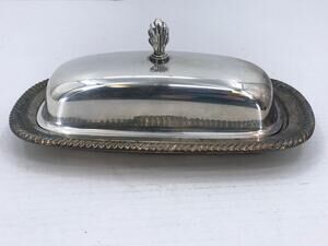 WM Rodgers Vintage silvertone butter dish Glass insert rope edge Tarnished